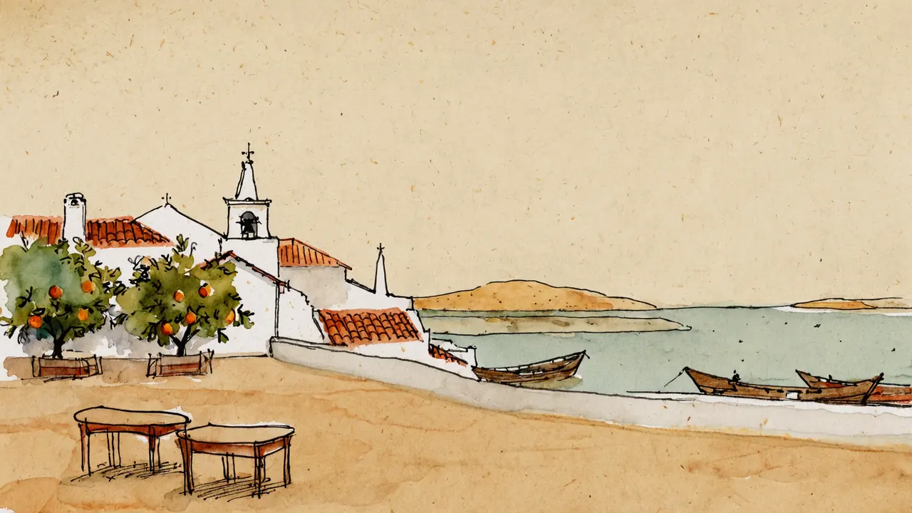 Pintura em aquarela de uma esplanada de café numa praça do leste do Algarve, à beira da ria, com barcos de pesca e casas brancas