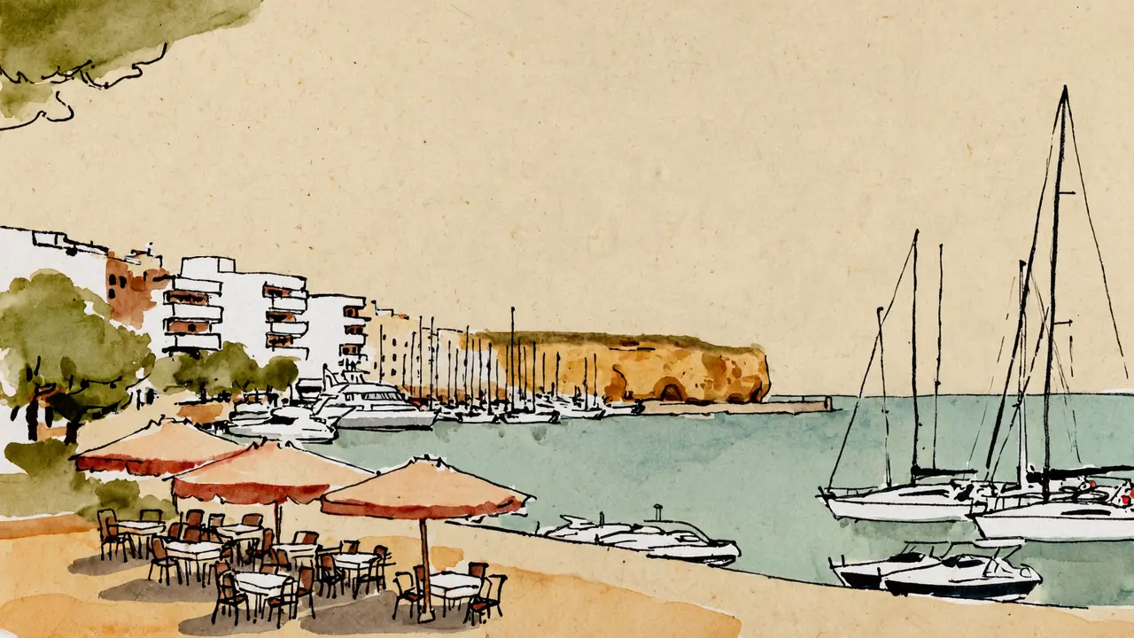 Pintura em aquarela de uma esplanada de café numa marina do oeste do Algarve, com veleiros e falésias ao fundo
