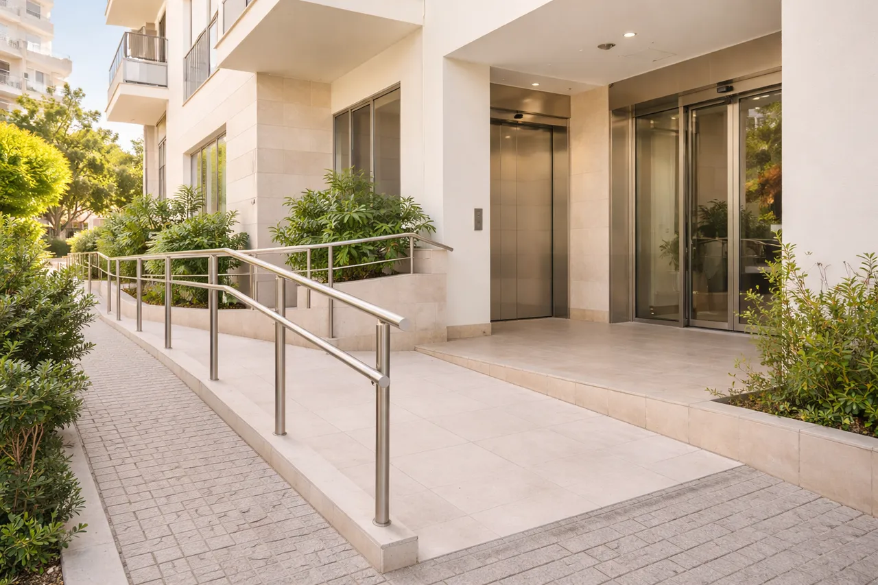 Entrada de edifício com acesso plano e elevador no Algarve