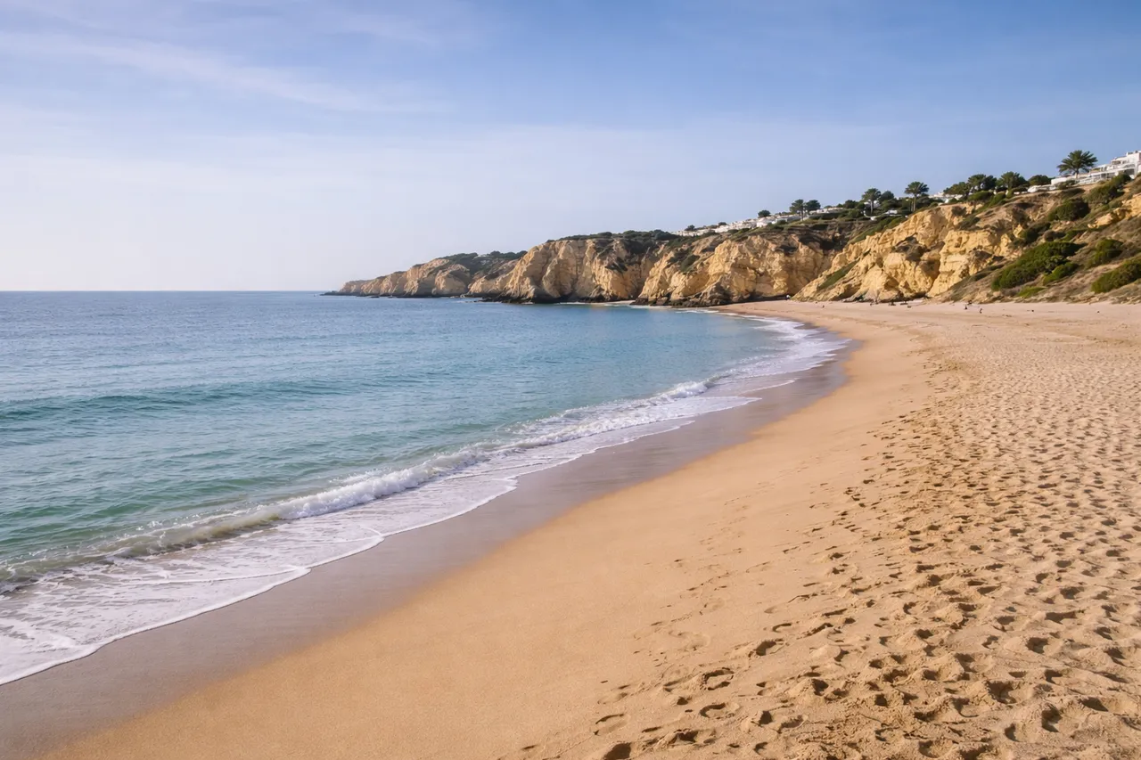 Praia do Algarve no inverno, vazia e tranquila, com céu limpo
