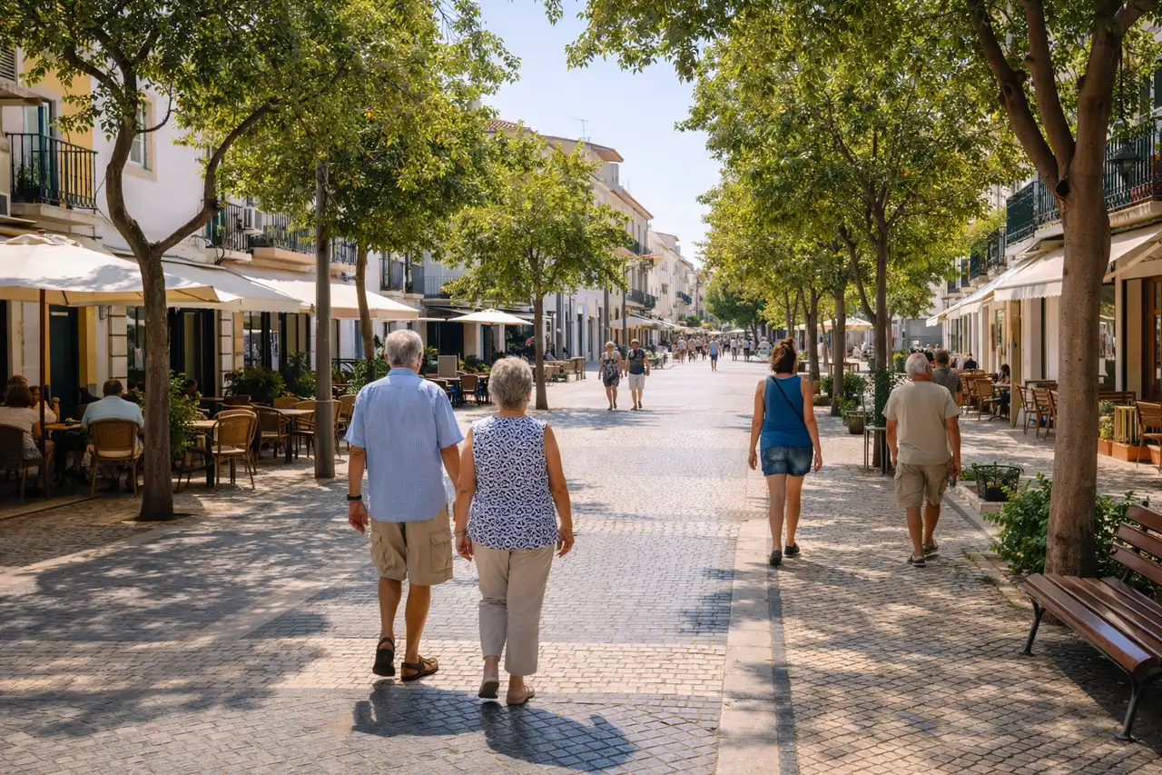 Zona urbana caminhável no Algarve com comércio e cafés