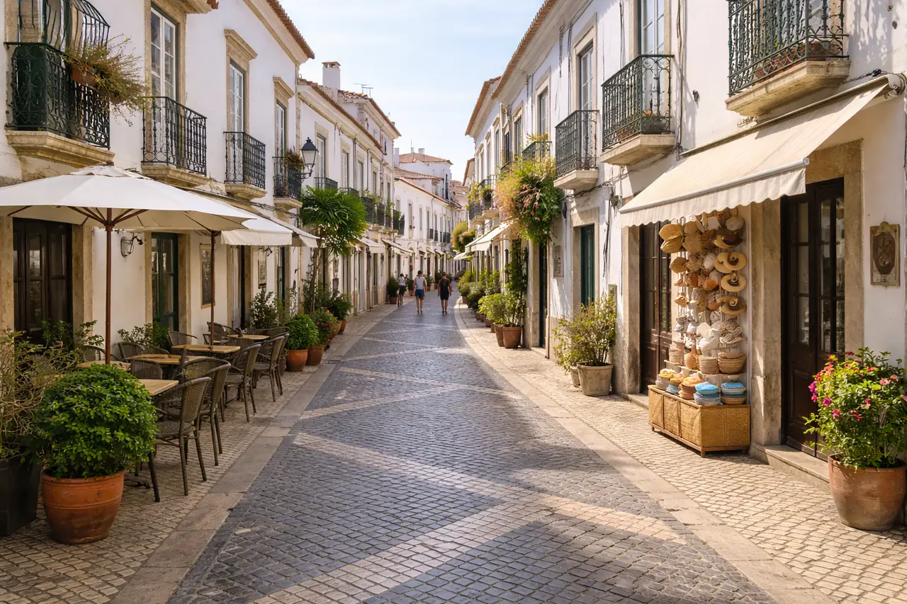 Rua de centro histórico no Algarve com comércio local
