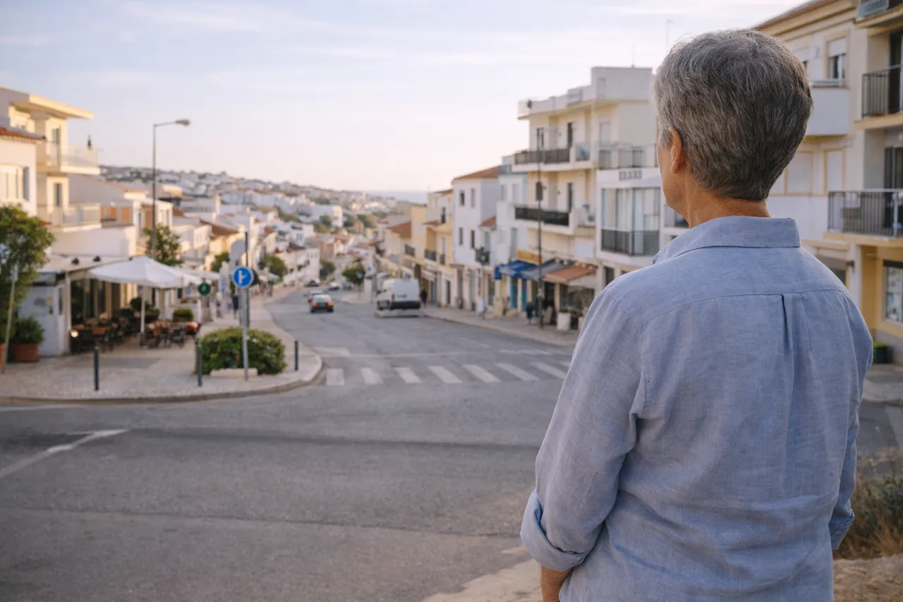 Casal avaliando uma rua residencial e observando serviços ao redor, sugerindo decisão de compra