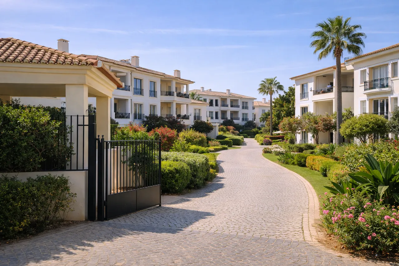 Condomínio residencial fechado no Algarve com áreas comuns ajardinadas