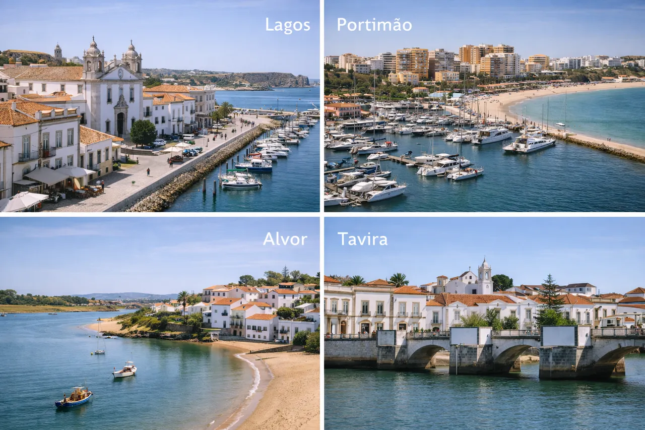 Comparação visual entre Lagos, Portimão, Alvor e Tavira no Algarve