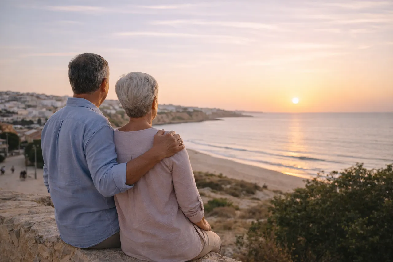 Casal observando a paisagem do Algarve ao entardecer