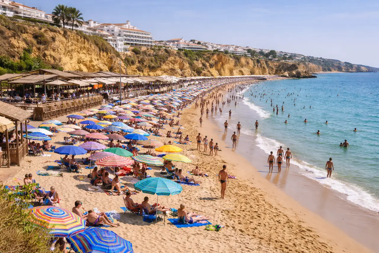 Praia turística movimentada no Algarve durante o verão