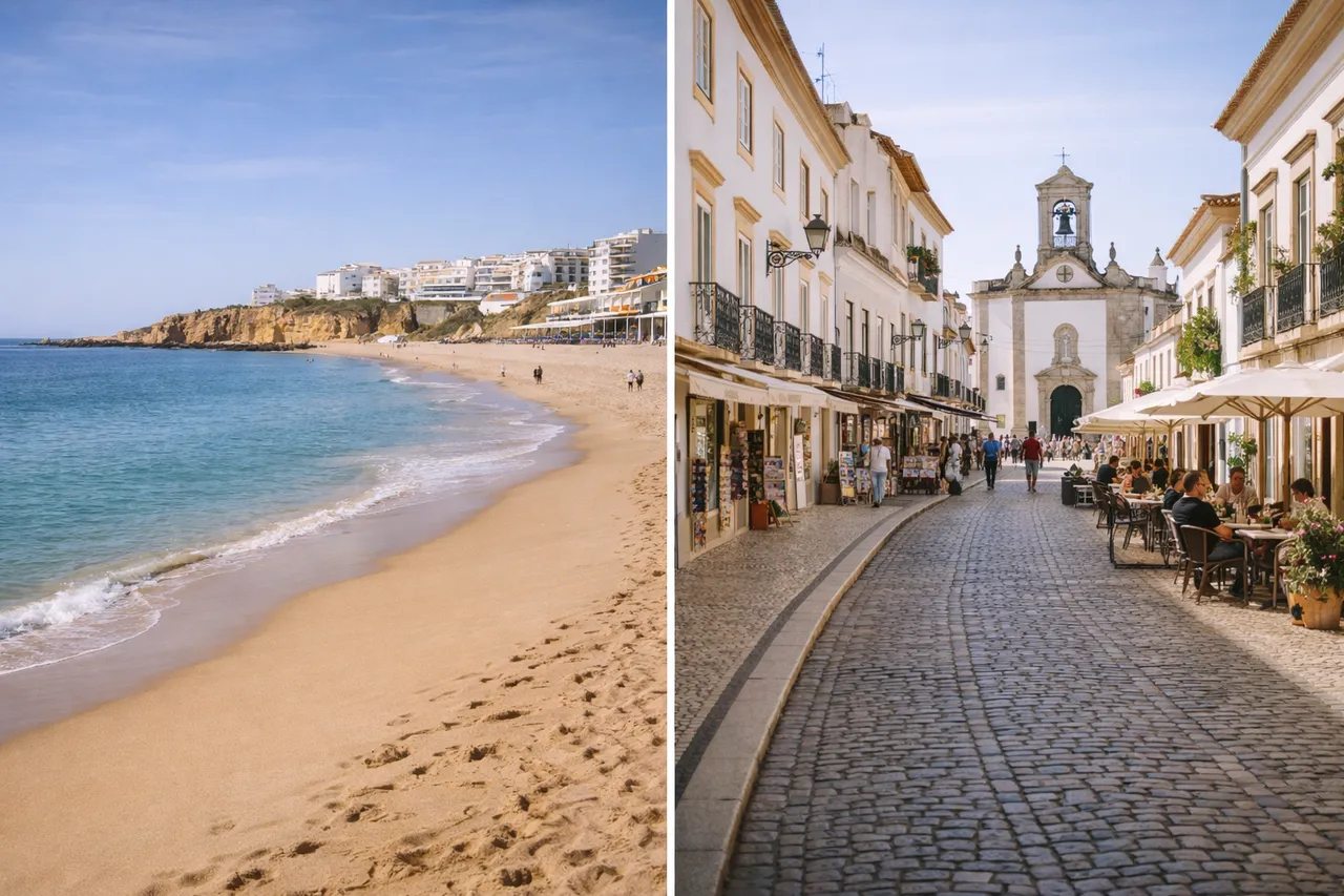 Comparação visual entre praia urbana e centro histórico do Algarve
