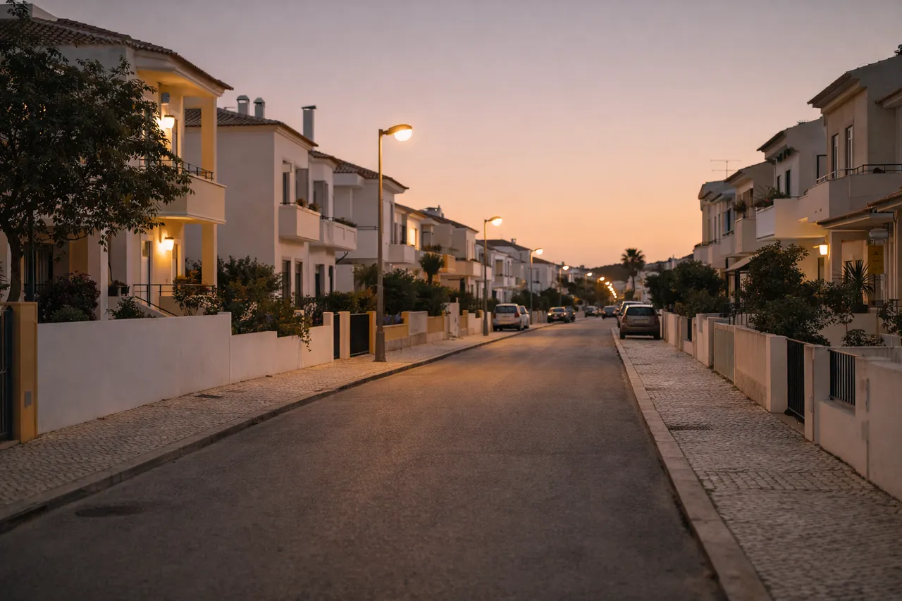 Rua residencial tranquila no Algarve ao final do dia