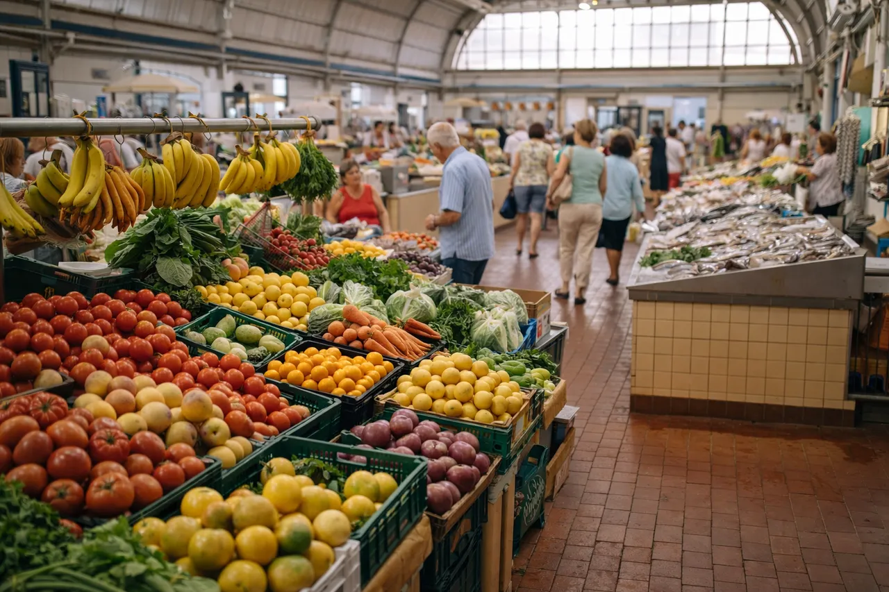 Bancas de frutas, legumes e peixe em mercado municipal do Algarve