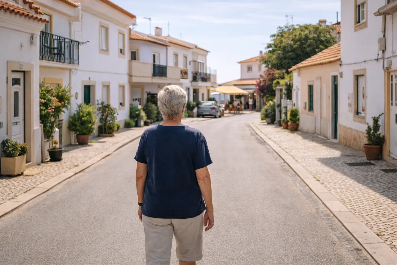Pessoa caminhando e observando bairro residencial no Algarve