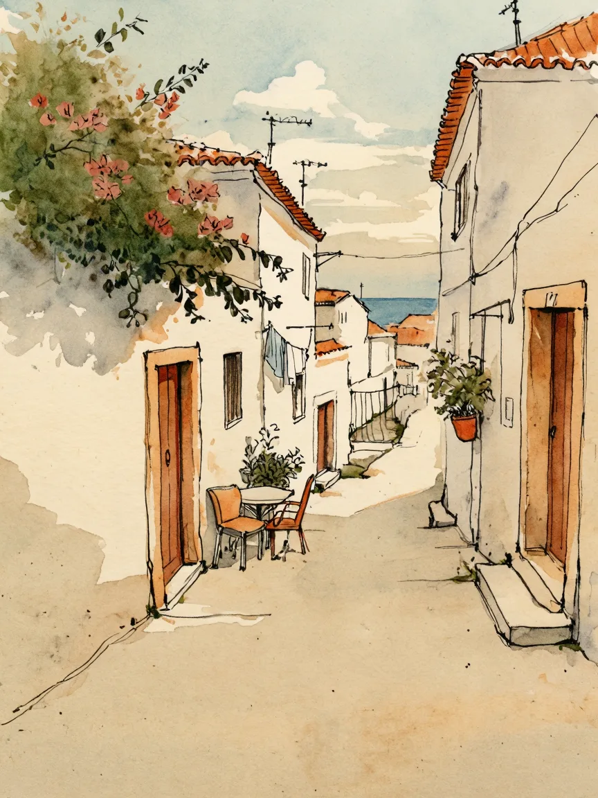 Pintura em aquarela de uma rua de casas brancas no Algarve fora da temporada, com uma mesa de café e o mar ao fundo