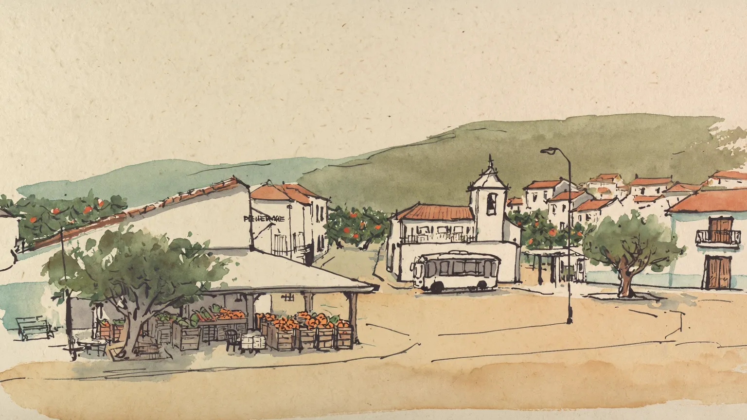 Pintura em aquarela do Algarve longe do mar: praça com mercado, café, igreja e a serra ao fundo